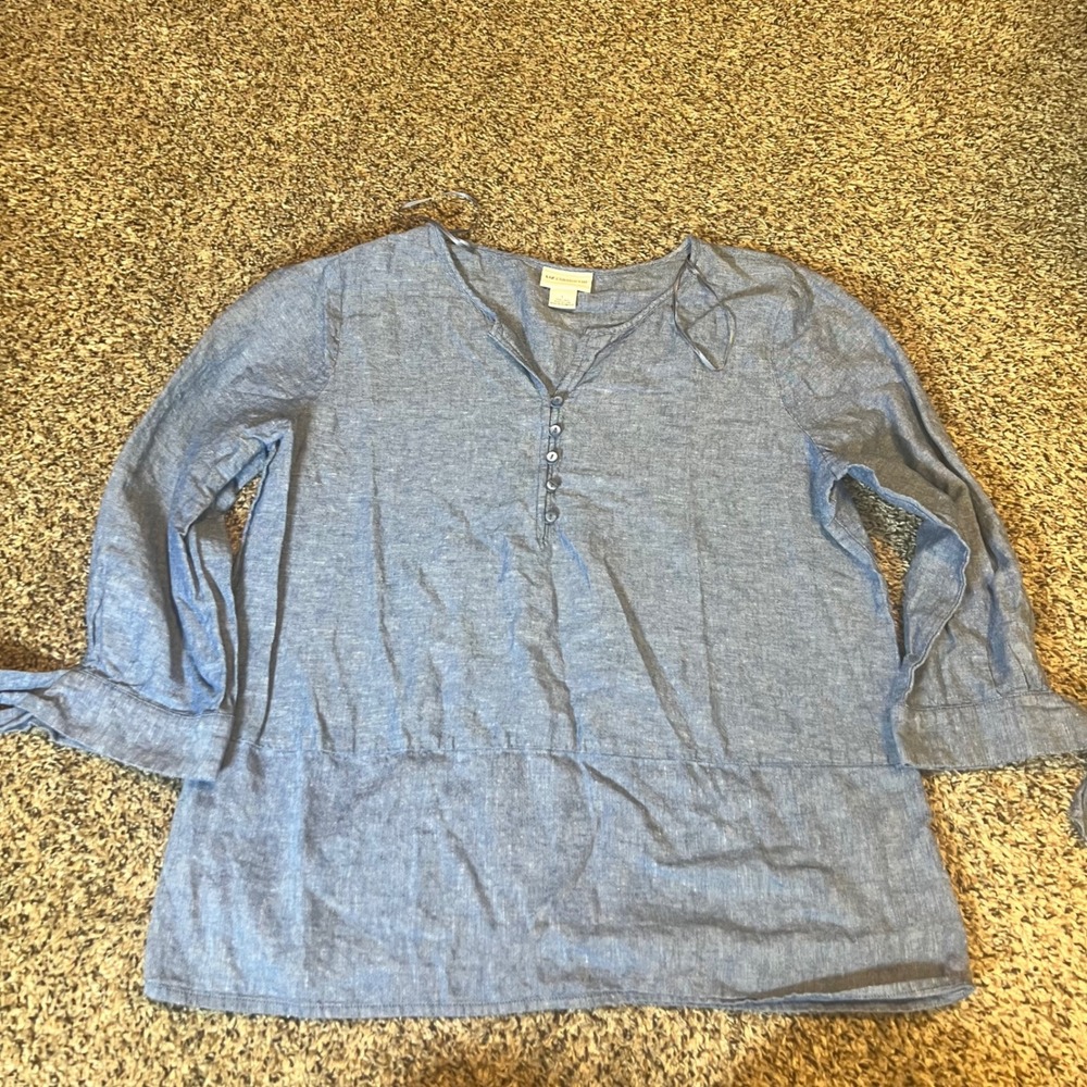 Liz Claiborne Blue Linen Cotton Blend V Neck Button Front Tunic Top Size L